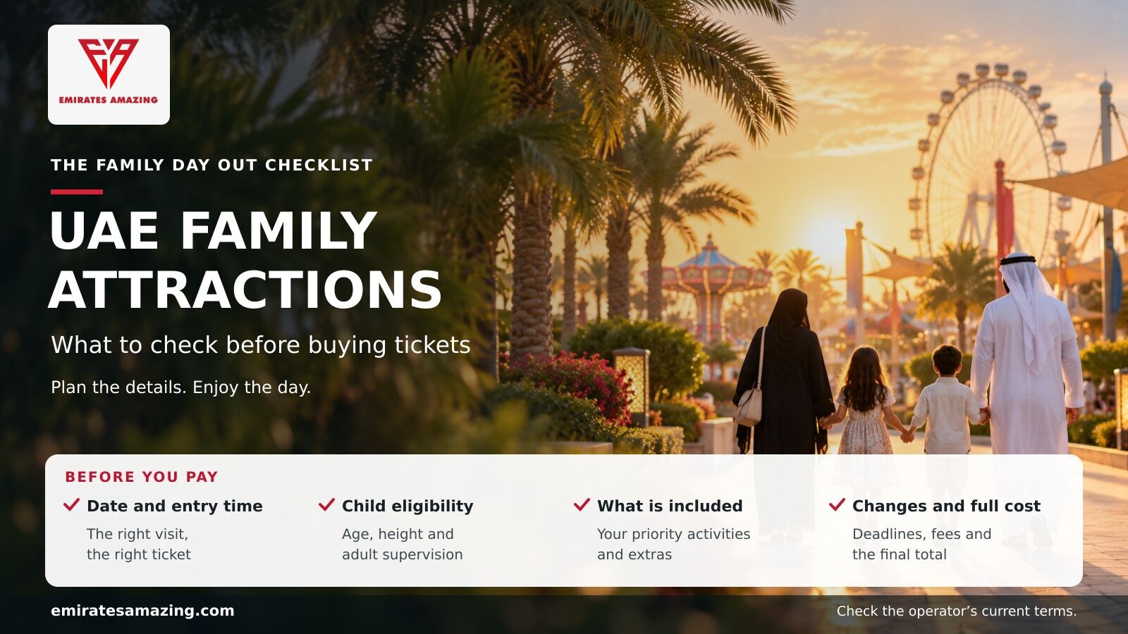 UAE family attraction ticket checklist over an AI-created illustration of a family walking through a fictional palm-lined leisure park.
