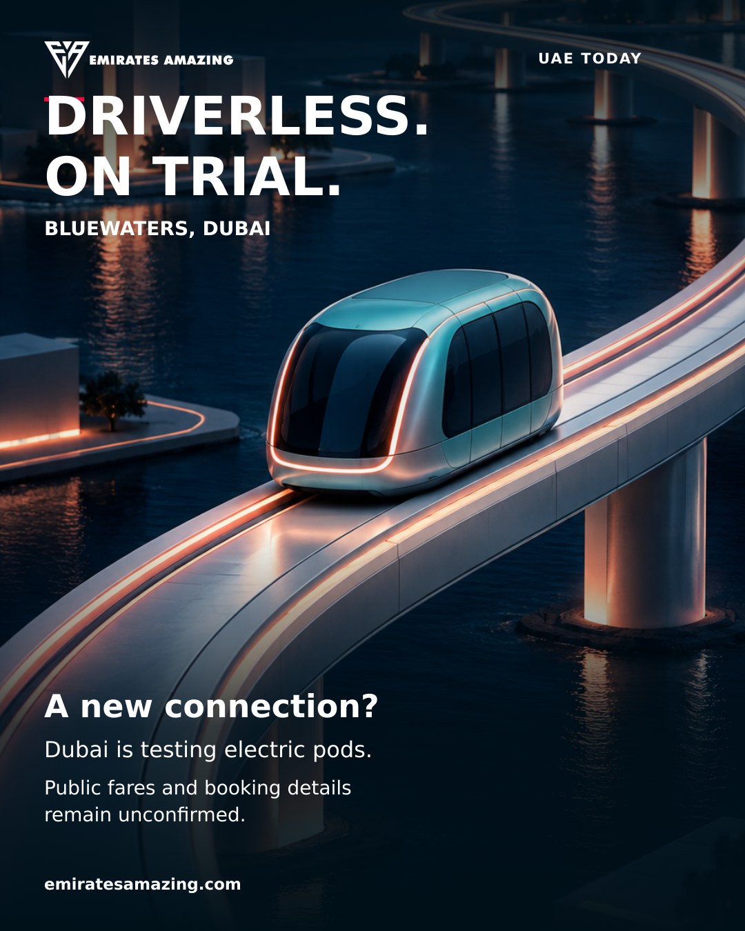 AI-generated concept of an electric pod on a separated guideway, not the actual Glydways vehicle or trial route.