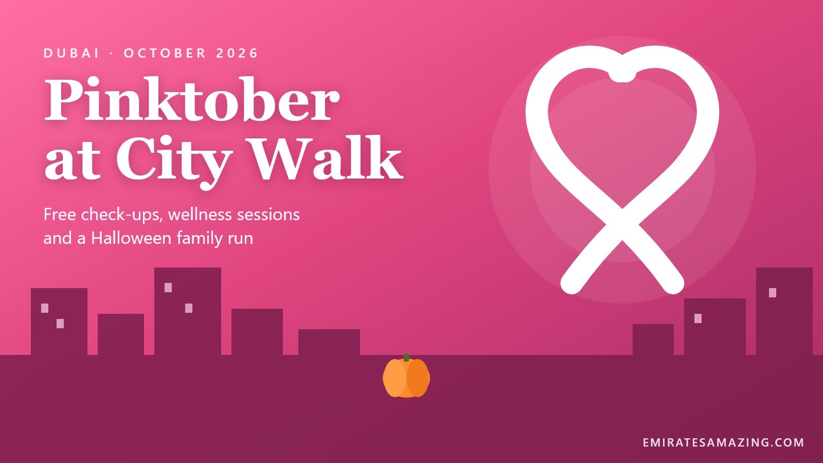 Pink illustration of a ribbon above a city skyline with a small pumpkin, with the title Pinktober at City Walk