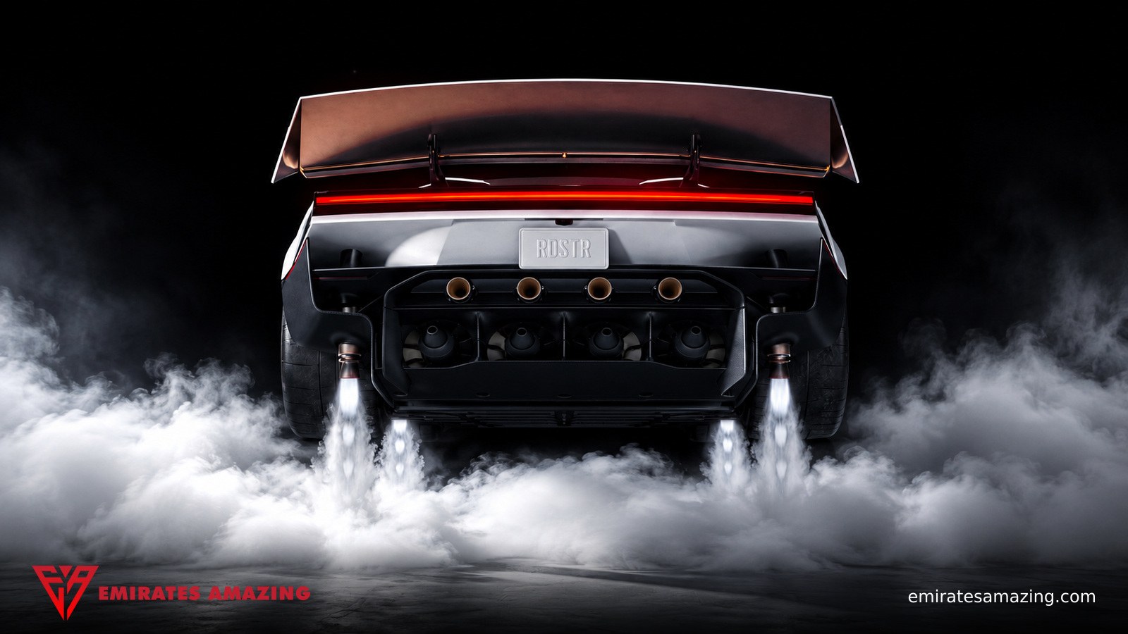 AI-adapted landscape illustration based on a Tesla source image, showing the rear of a Roadster with downward thruster jets and Emirates Amazing branding